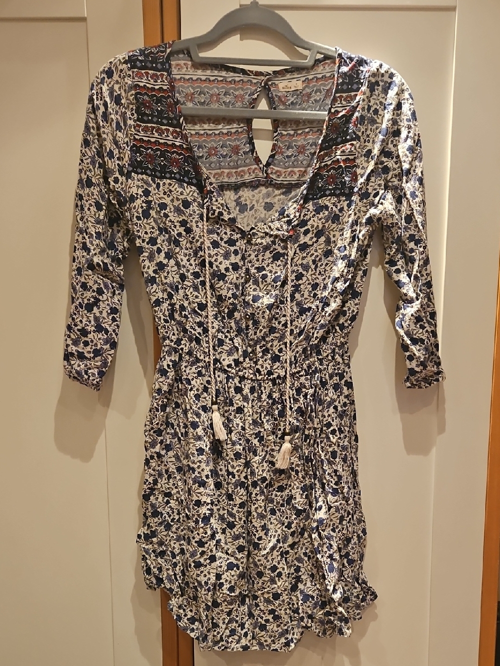 Hollister Navy and White Floral Long-Sleeve Boho Dress